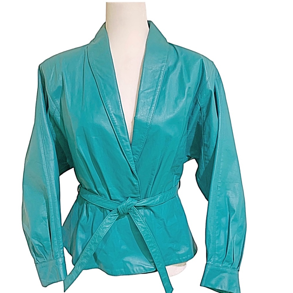 Wilson Blazer Jacket Leather 80s Vintage Turquoise Leather Blazer Size 12